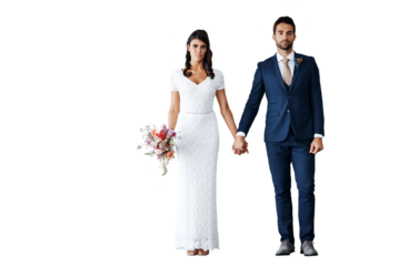 Isolated couple, wedding portrait and holding hands for bride, care or goal by transparent png background. Man, woman and together for marriage celebration, flowers or new beginning at event for love