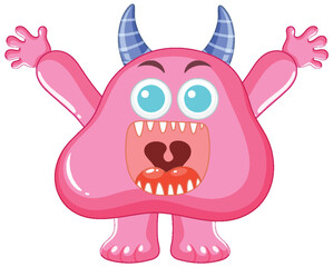 Cheerful Pink Alien Monster Cartoon Character with Open Mouth and Horn