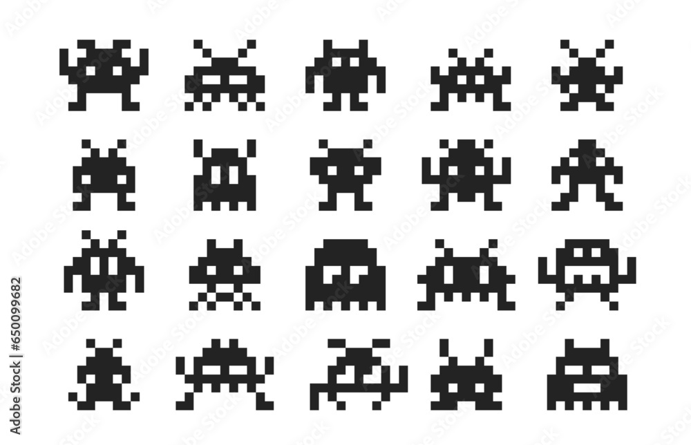 Fototapete arcade game pixel monsters characters. retro video game vector silhouettes of aliens, space invaders