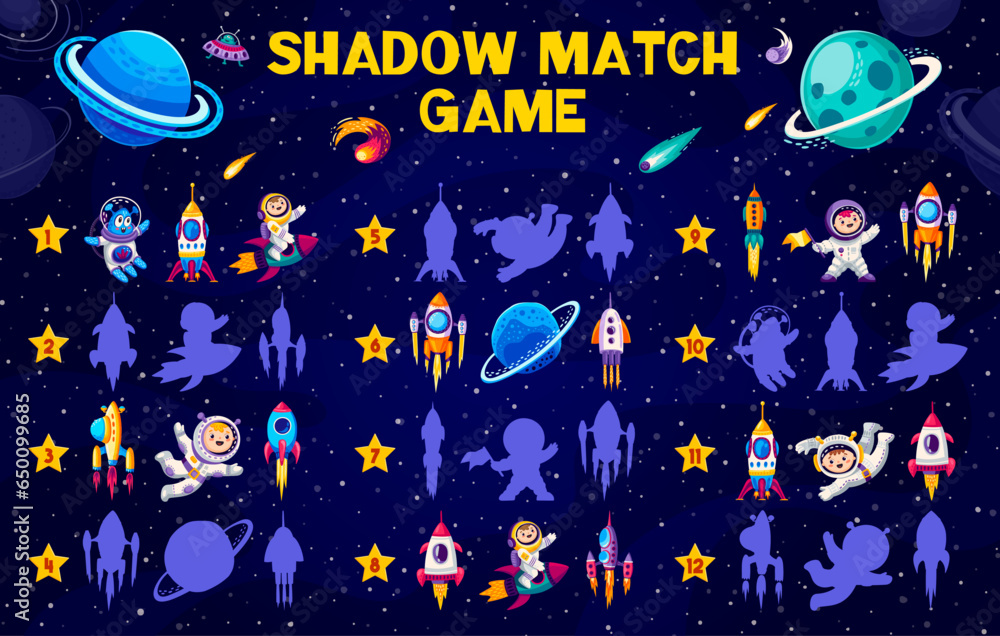 Poster shadow match game worksheet. cartoon space planets, spaceship, alien and astronaut characters. shado