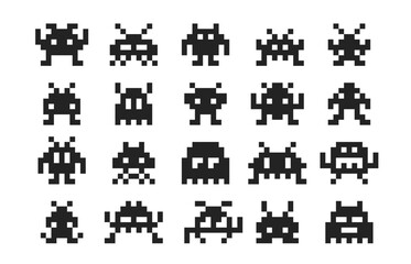 Arcade game pixel monsters characters. Retro video game vector silhouettes of aliens, space invaders, robots, zombies and viruses personages. 8 bit pixel art monsters with antennas and tentacles - obrazy, fototapety, plakaty
