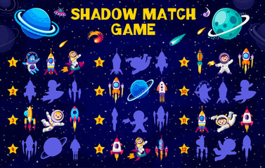 Fototapeta premium Shadow match game worksheet. Cartoon space planets, spaceship, alien and astronaut characters. Shadow match riddle vector page with kid and alien astronaut funny personages, rocket starship and planet