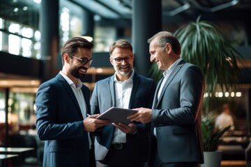 three male modern businessmen with a digital tablet working in the office, holding a meeting in huge business center interior