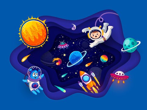 Cartoon solar system space paper cut with galaxy planets, kid astronaut and alien characters, rocket and ufo spaceships. Galaxy travel, outerspace exploration 3d vector backdrop with funny spaceman