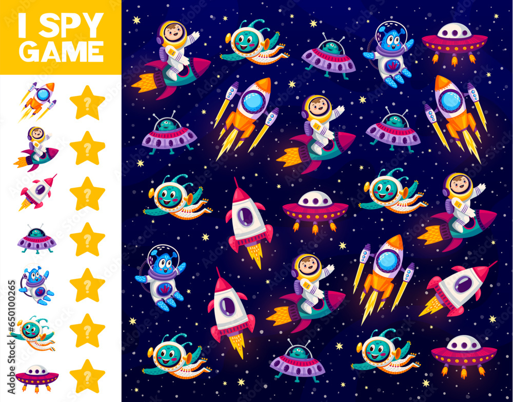 Poster I spy game, space characters in galaxy. Object finding puzzle, calculation game vector worksheet or counting child quiz with kid and alien astronaut happy personages flying on rocket in outer space