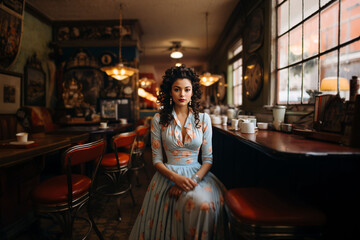 A model wearing a retro and vintage-inspired outfit, posing against interior of a vintage american caffe background, with a sense of nostalgia and classic fashion. Generative Ai