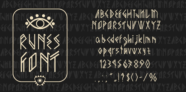 Viking runes font. Scandinavian type, ancient typeface. Nordic alphabet vector font set of gothic letters and numbers with medieval celtic typography elements and runic ethnic symbols, viking alphabet