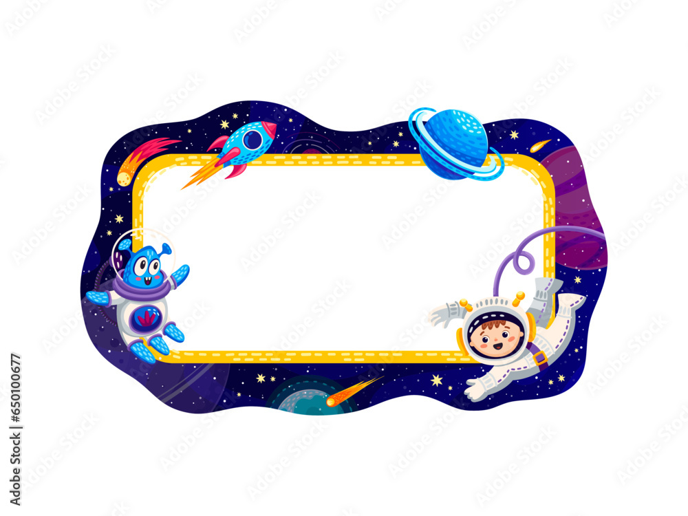 Poster Border frame with space planets, stars and spaceship at starry galaxy, vector copy space background. Kid astronaut spaceman and cartoon alien martian in space journey adventure and galaxy exploration