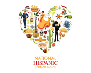 Fototapeta premium National Hispanic heritage month banner with Mexican culture and traditions, vector travel and landmarks. Mexico traditional tequila, sombrero and pinata with tacos and burrito, mariachi and guitar
