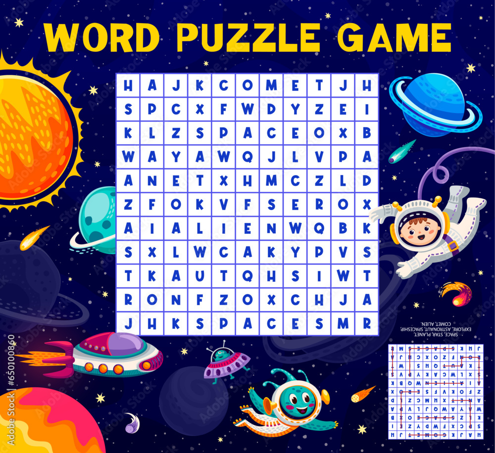 Poster Space word search puzzle game. Vocabulary puzzle, crossword quiz vector worksheet, word search riddle with child and alien astronauts happy characters in outer space, rocket and Solar System planets