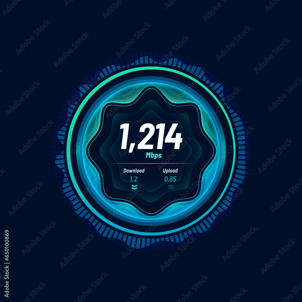 Poster Speedometer neon dial, internet traffic speed gauge dashboard, vector futuristic interface. Internet traffic fast test meter of digital network and website connection for download or upload Mbps gauge