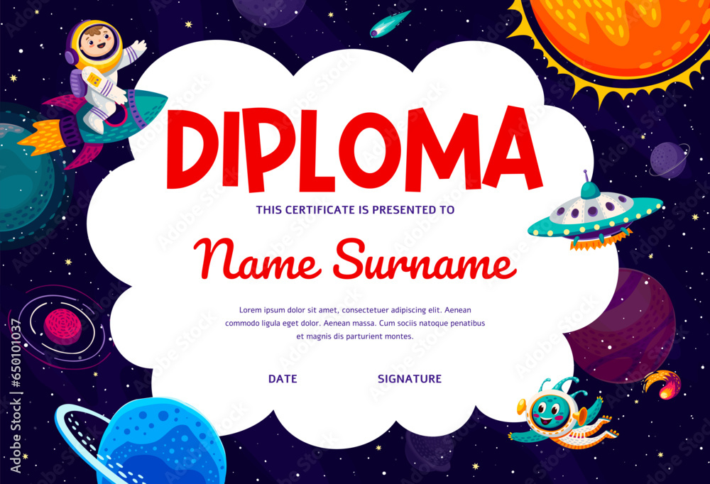 Poster kids astronaut diploma with spaceman on rocket, space planets and alien ufo at starry galaxy, vector