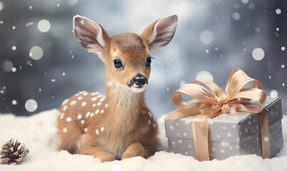 A young fawn with Christmas presents in snowy surroundings. Christmas style. AI generated