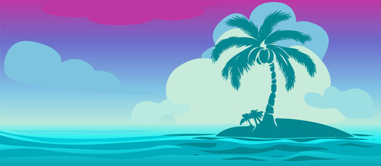 Fototapeta na wymiar Flat design vector of a small island featuring a palm tree banner against a bright background