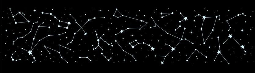 Stars constellation border or night sky map, mystic astrology, astronomy and esoteric vector background. Stars constellation in space galaxy, zodiac signs in sky for tarot or astrological horoscope - obrazy, fototapety, plakaty
