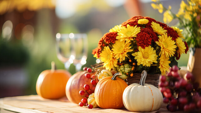 Bright background with delicate Thanksgiving decoration picture. Pumpkin with flowers, wine glasses, vegetables and fall leaves