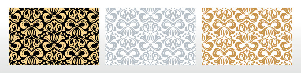 Wallpapers in the style of Baroque. Seamless vector backgrounds. Set of colored floral ornaments. Graphic patterns for fabric, wallpaper, packaging. Ornate Damask flower ornaments