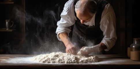 Man dusting flour onto a baking dough.