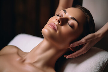 Close-up photo of woman masseur doing massage of girls neck in massage parlor - obrazy, fototapety, plakaty