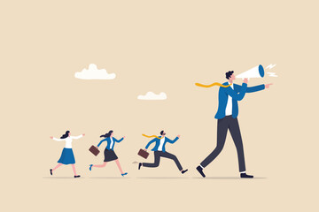Leadership for team direction, success strategy, lead team to achieve goal, inspiration or motivate employee, manager or company mission concept, businessman leader megaphone pointing team direction.
