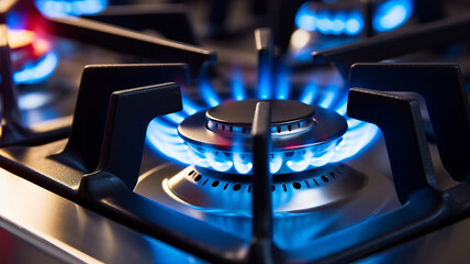Blue kitchen gas stove flame in kitchen.generative ai - obrazy, fototapety, plakaty