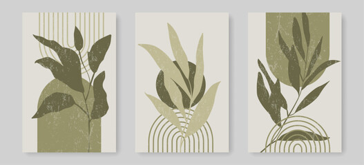 Boho Wall Art Prints Set with Leaves and Organic Shapes, Lines Rainbow. Trendy Minimalistic Poster Set with Floral Drawing and Organic Shapes. Botanical Bohemian Print for Wall Decor. Vector EPS 10 