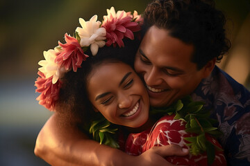 Pacific Islander couple showing affection. - obrazy, fototapety, plakaty