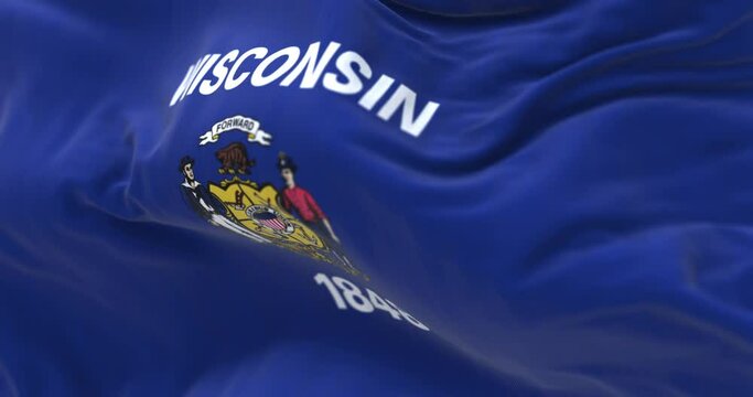 Close-up of Wisconsin state flag waving in the wind