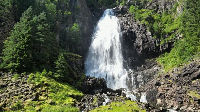Espelandsfossen Waterfall Cascade in Granvin, Odda, Norway, Scandinavia - Tilt Up
