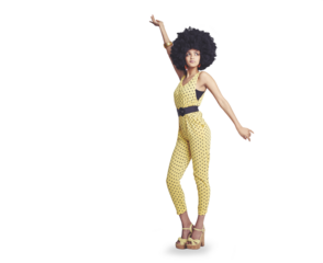 Thinking, stylish and a retro woman with fashion, dancing and unique isolated on a transparent png background. Idea, hippie and a model or girl with vintage clothes for hipster trend or disco