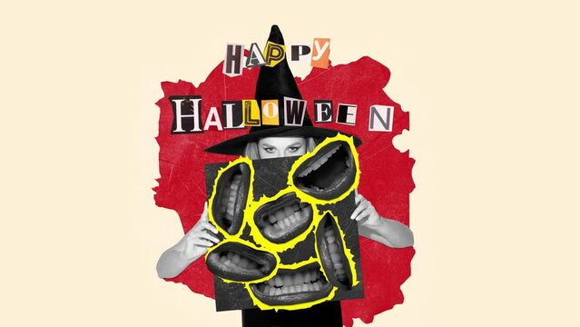 Stop motion, animation. Woman in image of witch choosing creepy smiles. Happy Halloween. Concept of October holiday, Halloween, creative design, traditions, surrealism. Copy space for ad, poster