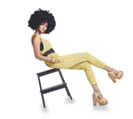 Retro, fashion and portrait of woman on chair with 70s, clothes and style for disco on isolated, transparent or png background. Vintage, clothing and confidence in natural beauty or creativity
