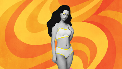 Poster. Contemporary art collage. Modern creative artwork. Young beautiful girl with colorful lines...