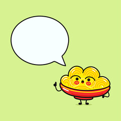 Plate of Spaghetti with speech bubble. Vector hand drawn cartoon kawaii character illustration icon. Isolated on green background. Spaghetti character concept