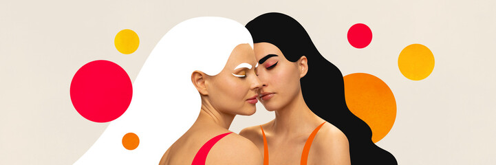 Banner. Contemporary art collage. Portrait of two sensual woman in modern abstract vivid design....