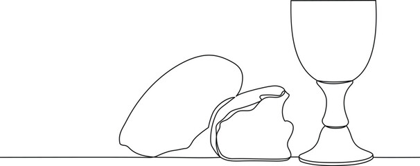 Freehand drawing with one continuous line. Cup of wine and bread for the Lord's Supper on a transparent background