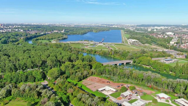 Torcy, France: Aerial view of lake Lac de Vaires-sur-Marne, sunny summer day with clear blue sky - landscape panorama of Europe from above