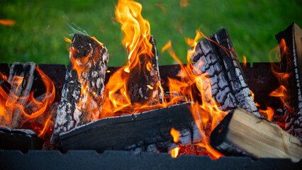 Firewood burns in grill super macro, Close-up