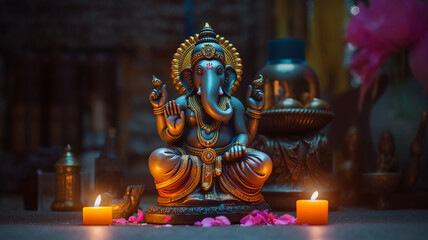 Obraz premium Ganesh jayanti lord ganesha on a brightly lit background telephoto lens realistic dark lighting