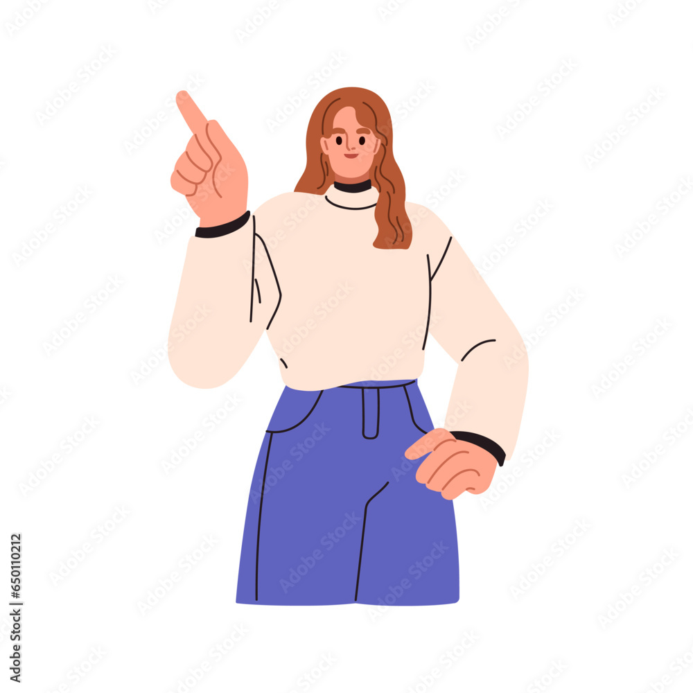 Poster woman pointing up and aside. happy smiling girl showing something with hand gesture, index finger. p