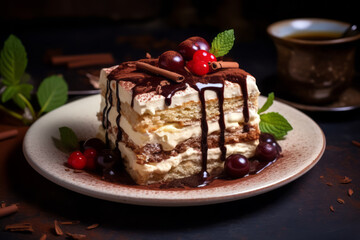 Heavenly Italian Treat: Mouthwatering Plate of Tiramisu, Crafted with Coffee-Soaked Ladyfingers, Mascarpone, and Chocolate