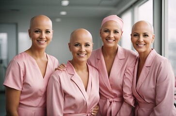 Portrait of female cancer survivors dressed in pink alluding to Breast Cancer Awareness Month