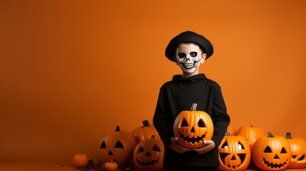 Spooky Halloween Spirit: Boy Dressed as Skeleton with Pumpkin on Solid Orange Background