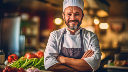 A smiling male chef in the kitchen.