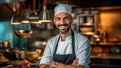 A smiling male chef in the kitchen.