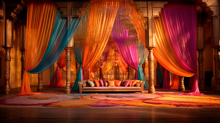 empty room with red velvet carpet and curtains - obrazy, fototapety, plakaty