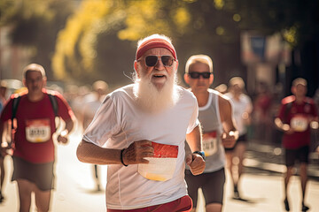A professional male athlete participates in the city marathon, demonstrating his commitment to health and fitness.