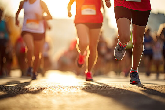A colorful city marathon featuring a diverse group of runners under the sun.