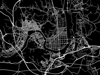 Vector road map of the city of  Chinju in the South Korea with white roads on a black background.