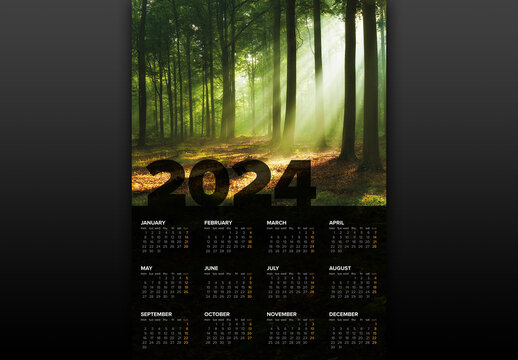Dark full year vertical calendar template for the year 2024 (monday first day)